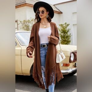 Fringe Hem Open Front Ribbed Trim Cardigan